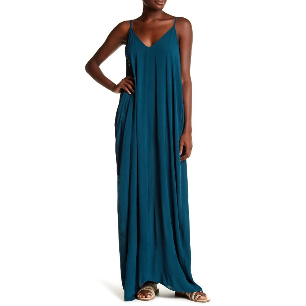 NEW Lovestitch Peacock Adjustable Spaghetti Strap Draped Bubble Maxi Tank Dress